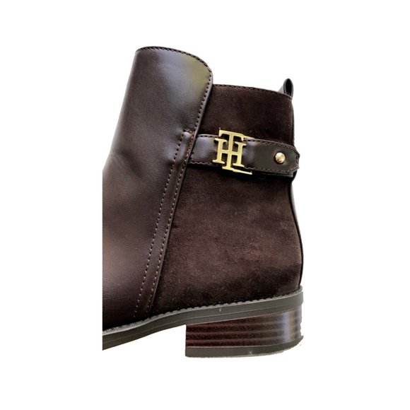 Tommy Hilfiger Irsela Brown Gold Ankle Zip Leather Booties - Picture 5 of 13